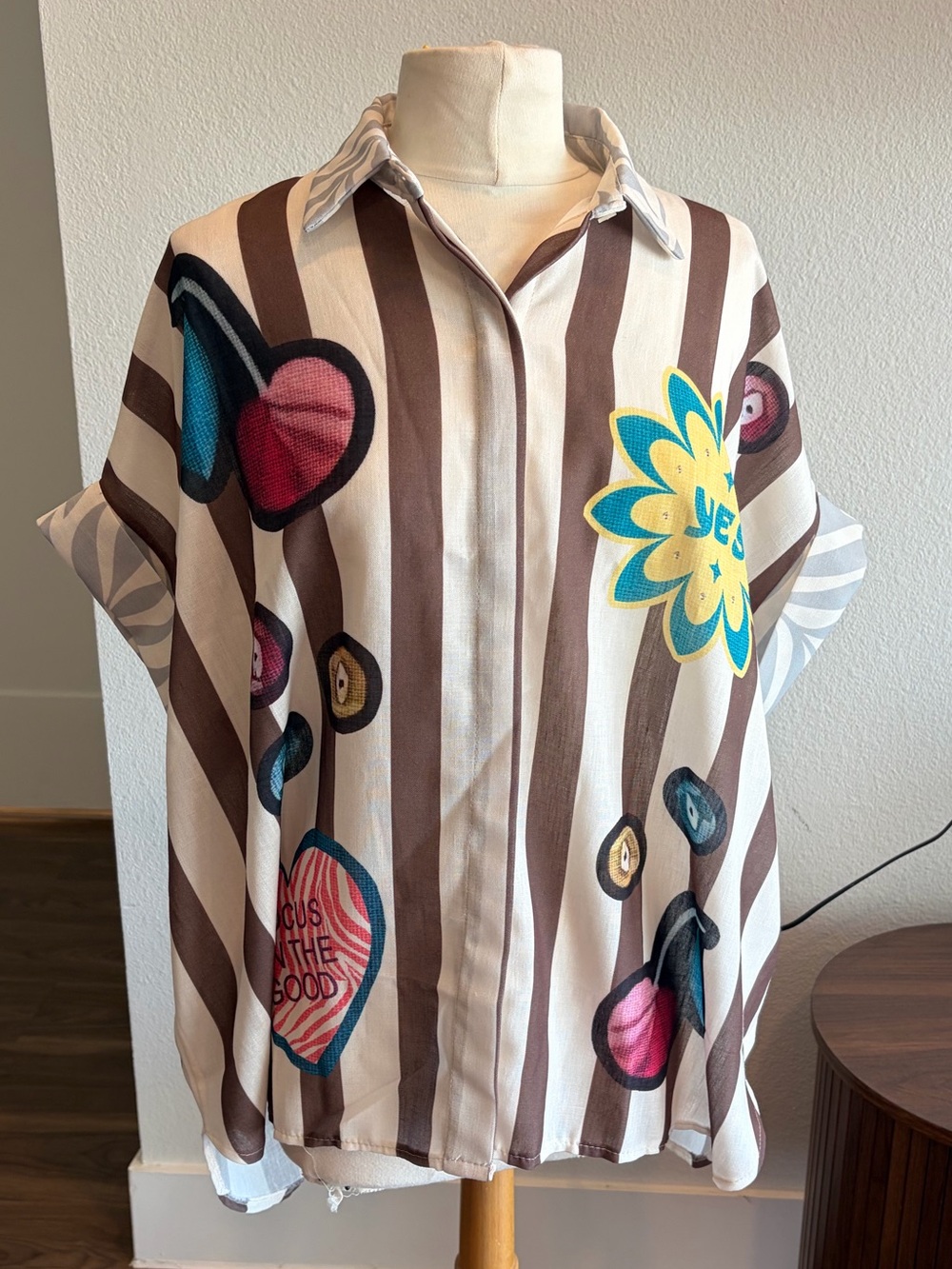 Brown & White Striped Embroidered Tunic Shirt